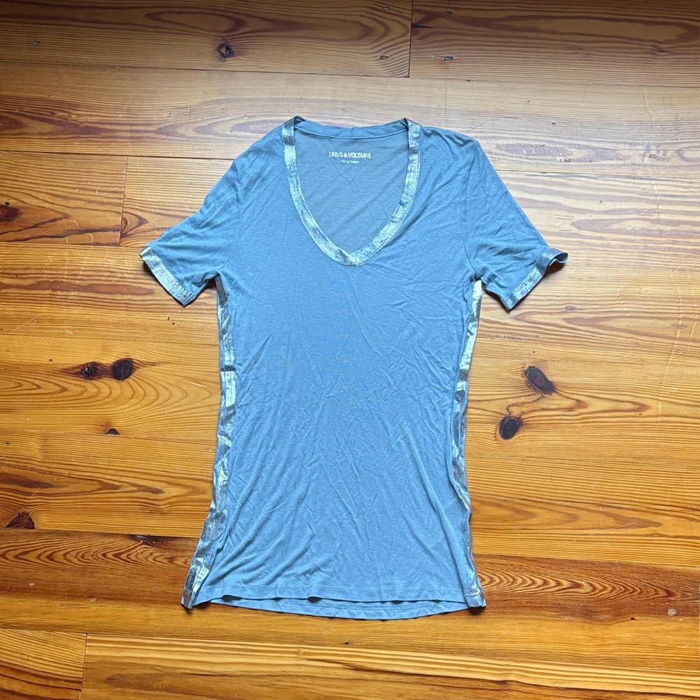 Zara Teal V-Neck Short Sleeve Top